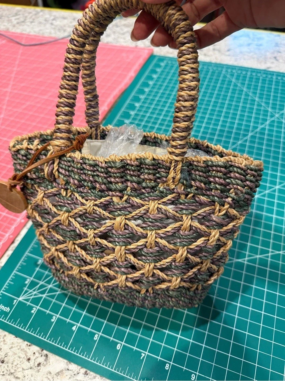 Nine West Woven Straw Mini Tote Purse Neutral Green Tan Open Weave Beach Bag
